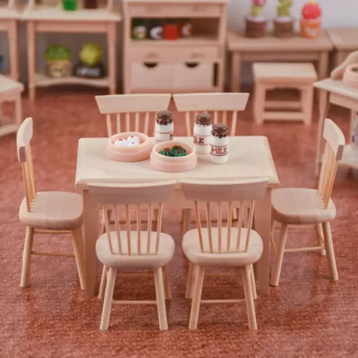 1/12 Miniature Dollhouse Furniture Wooden Dining Table Chair Simulation Toy - Image 3