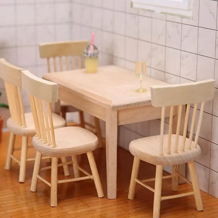 1/12 Miniature Dollhouse Furniture Wooden Dining Table Chair Simulation Toy - Image 4