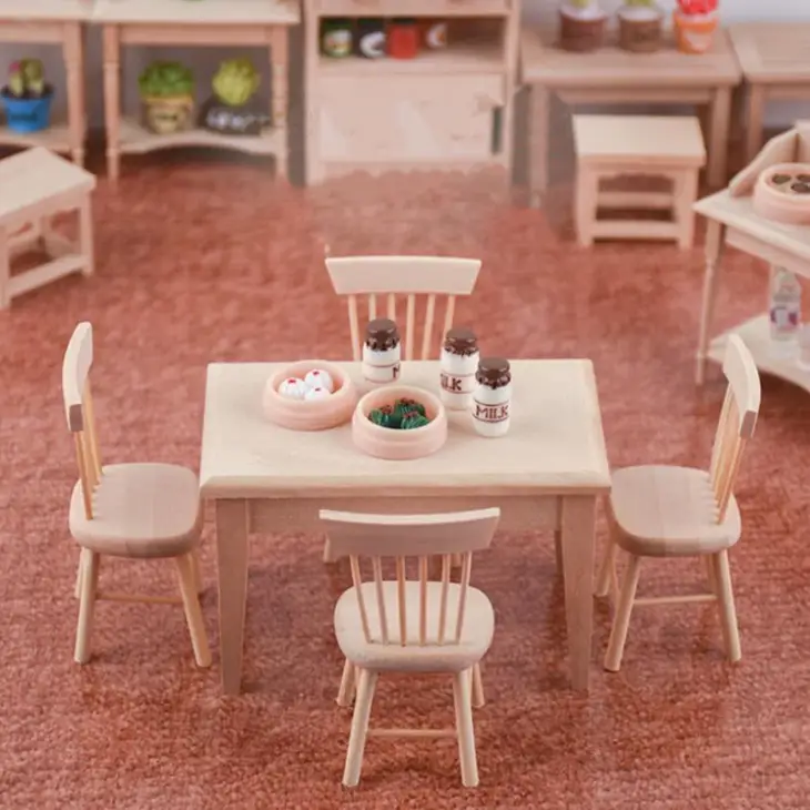 1/12 Miniature Dollhouse Furniture Wooden Dining Table Chair Simulation Toy - Image 5